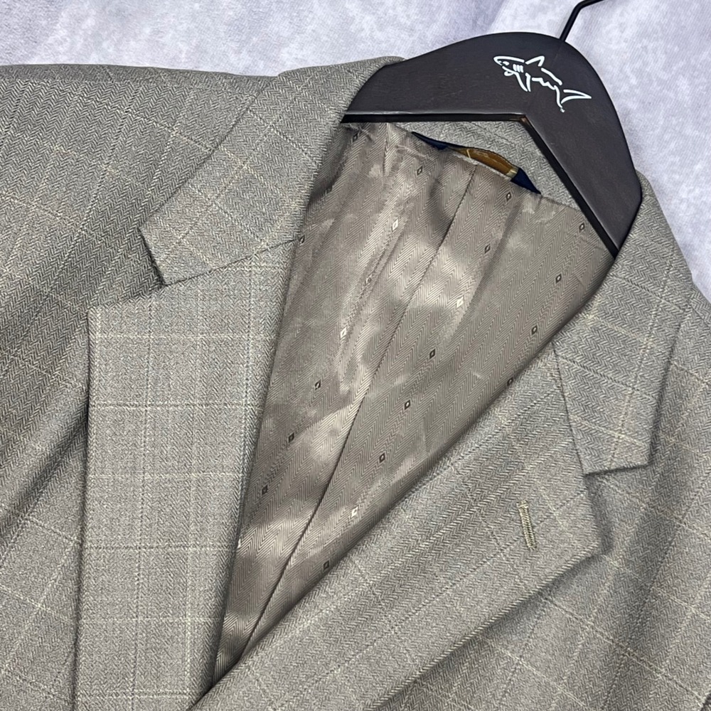 Joseph & Feiss Gold Blazer Mens 44R Grey Windowpane Plaid Herringbone Excellent